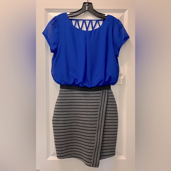 Speechless Dresses & Skirts - NWT SPEECHLESS Mini Dress With Pencil Skirt And Blouse-Royal Blue/Black Striped